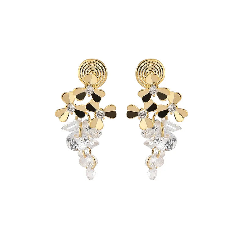Elegant Gold Alloy Flower Zircon Grape Cluster Crystal Tassel Stud & Clip On No Piercing Earrings