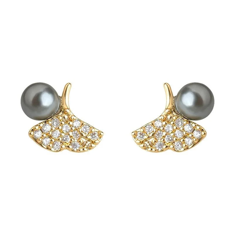 Light Luxury Mini Ginkgo Leaf Stud Earrings With Zircon And Glass Pearl Copper Jewelry