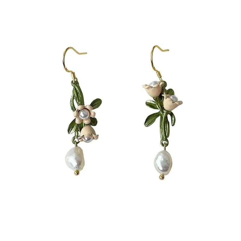 Freshwater Pearl Silver Plated Lily Of The Valley Asymmetric Drop Earrings French Handmade Jewelry