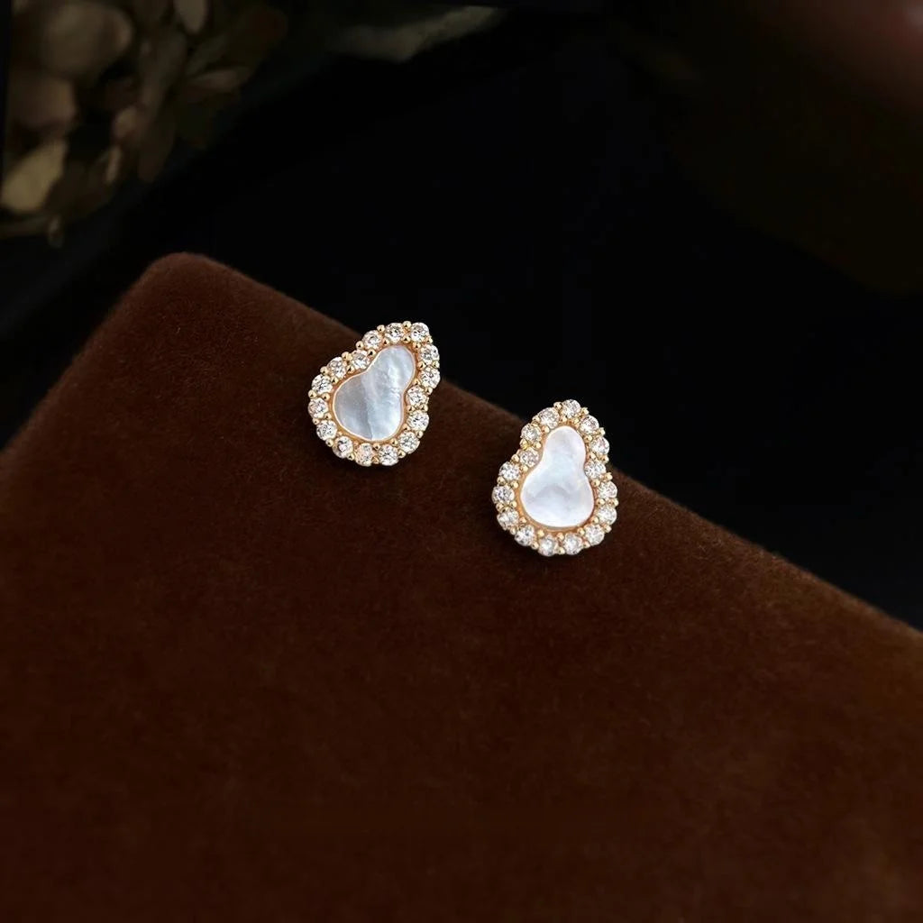 Light Luxury Micro Pave Zircon Real Shell Gourd Stud Earrings, Copper Silver Plated Pin Jewelry