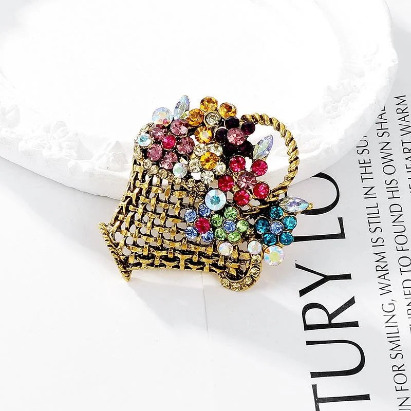 Cute Rhinestone Flower Basket Brooch, Gold Tone Alloy Floral Lapel Pin For Women's Suit Accessory Gift