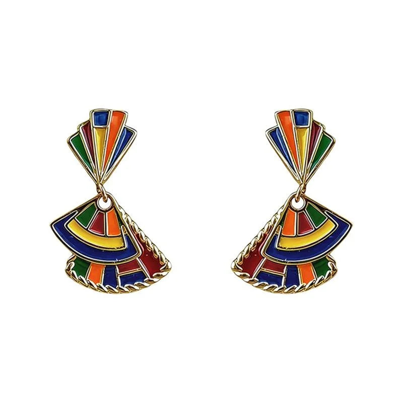 Original Painted Ethnic Fan Shaped Eco Friendly Copper Drop Earrings With Silver Plated Pins