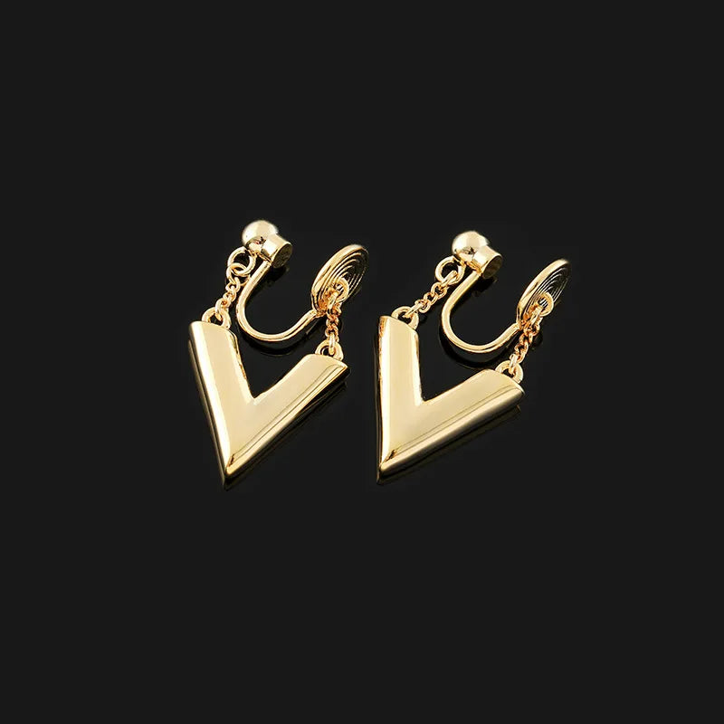 Luxury Gold Alloy Smooth V Letter Drop Stud & Clip On No Piercing Minimalist Chain Dangle Earrings