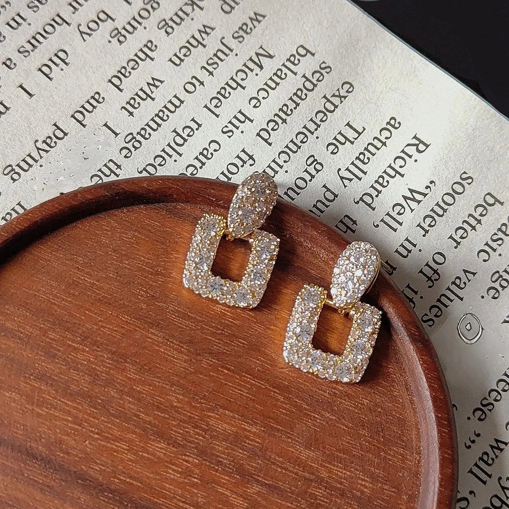 14K Plated Copper Square Geometric Micro Pave Zircon Stud Earrings Korean Style For Women