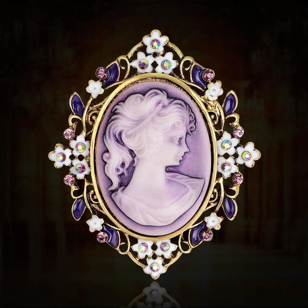 Vintage Queen Cameo Portrait Brooch With Enamel Flowers And Rhinestones, Elegant Lapel Pin Suit Gift