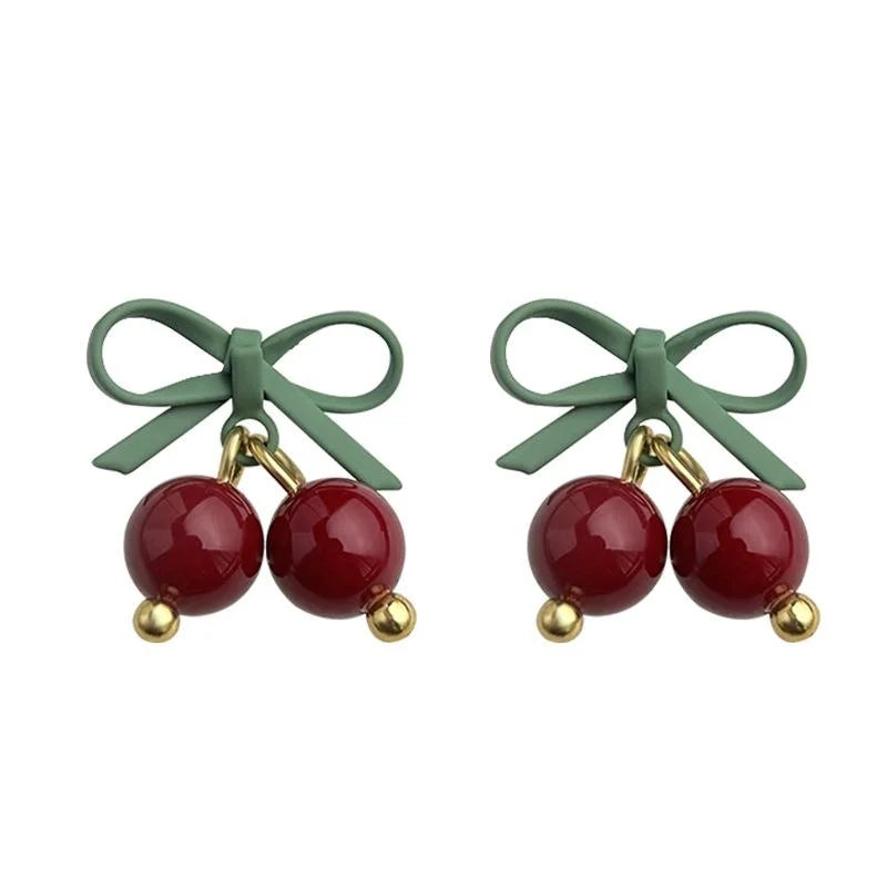 Sweet Handmade Glass Cherry Bell Drop Earrings Christmas Fruit Jewelry