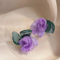 Forest Fairy Fabric Mesh Rose Flower Stud Earrings Silver Plated Pin Sweet Statement Jewelry