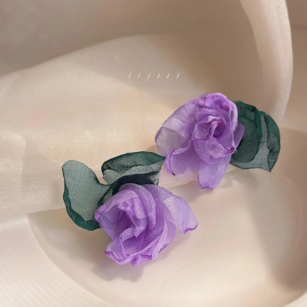 Forest Fairy Fabric Mesh Rose Flower Stud Earrings Silver Plated Pin Sweet Statement Jewelry