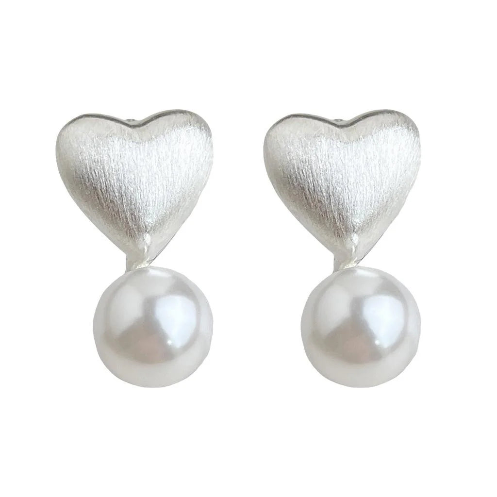 Minimalist Brushed Silver Copper Heart Glass Pearl Stud Earrings Elegant Office Jewelry