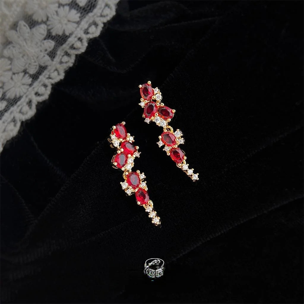Old Money Burgundy Zircon Wheat Tassel Drop Earrings With Copper Geometric Design