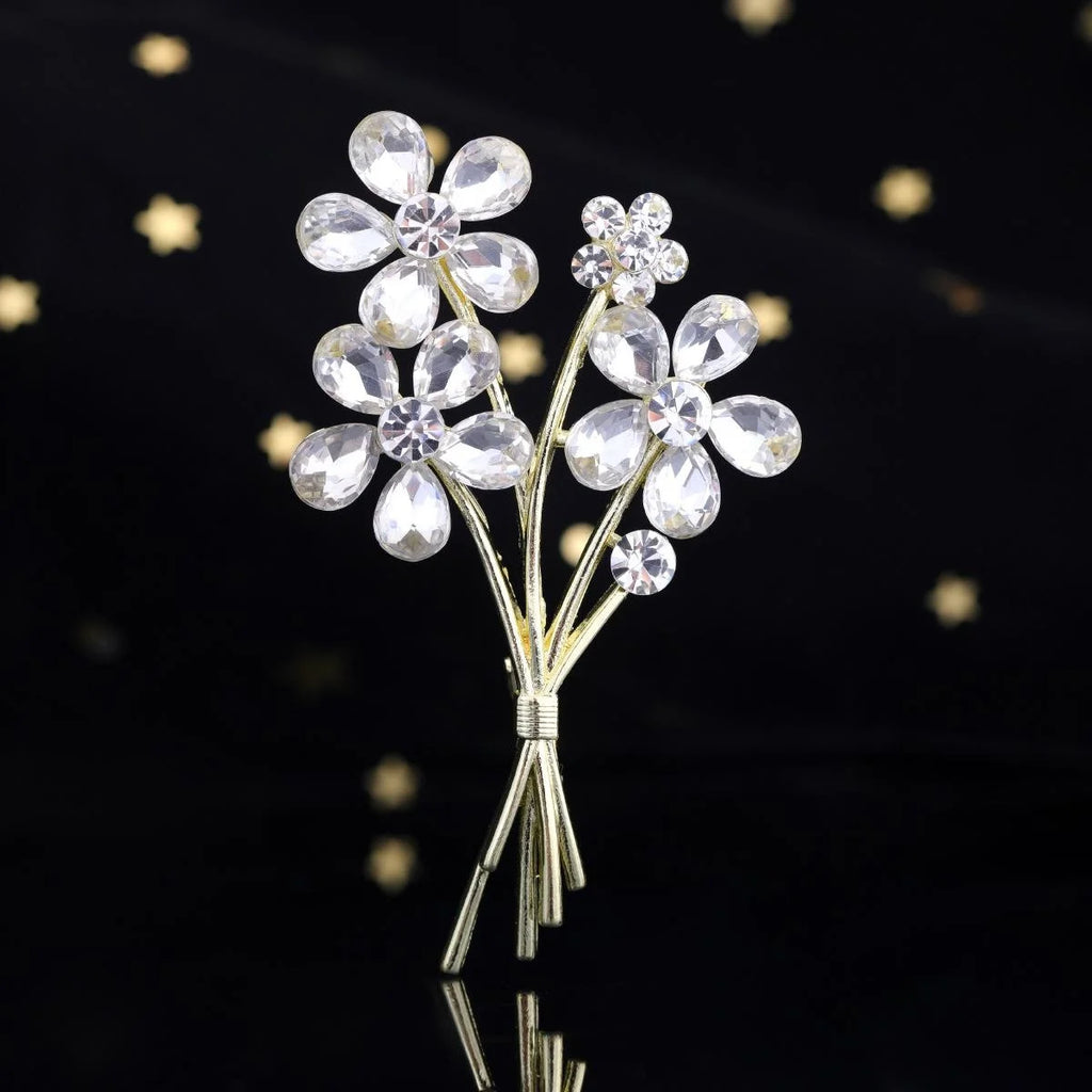 Luxury Rhinestone Crystal Flower Bouquet Brooch Elegant Alloy Lapel Pin Corsage Suit Accessory Gift