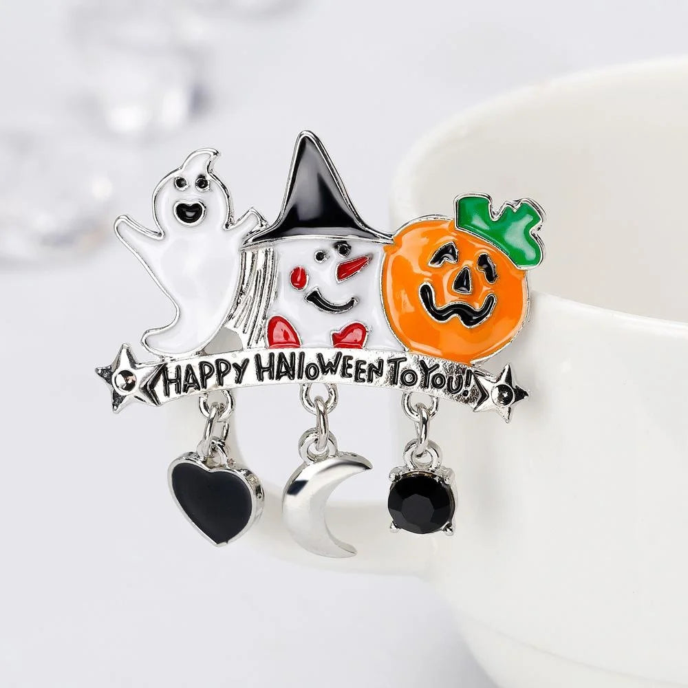 Cute Halloween Ghost Pumpkin Witch Enamel Alloy Brooch With Dangling Charms, Festive Lapel Pin Gift