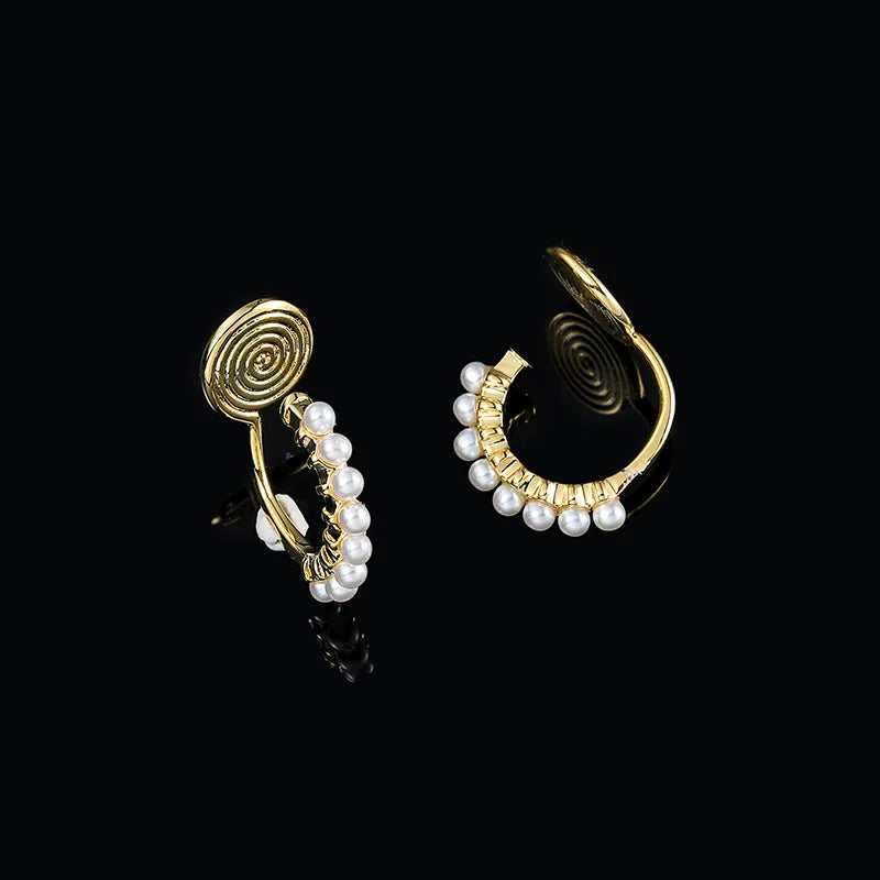 Elegant Gold Alloy Spiral Disc Hoop Pearl Stud & Clip On No Piercing Minimalist Ear Cuff Earrings