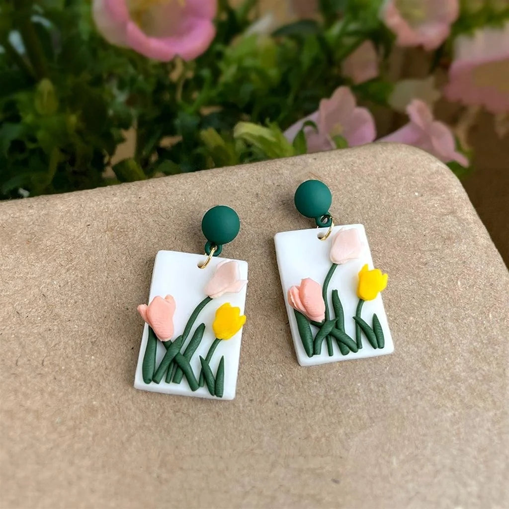 Handmade Polymer Clay Tulip Flower Drop Earrings Forest Style Sweet Floral Designer Jewelry