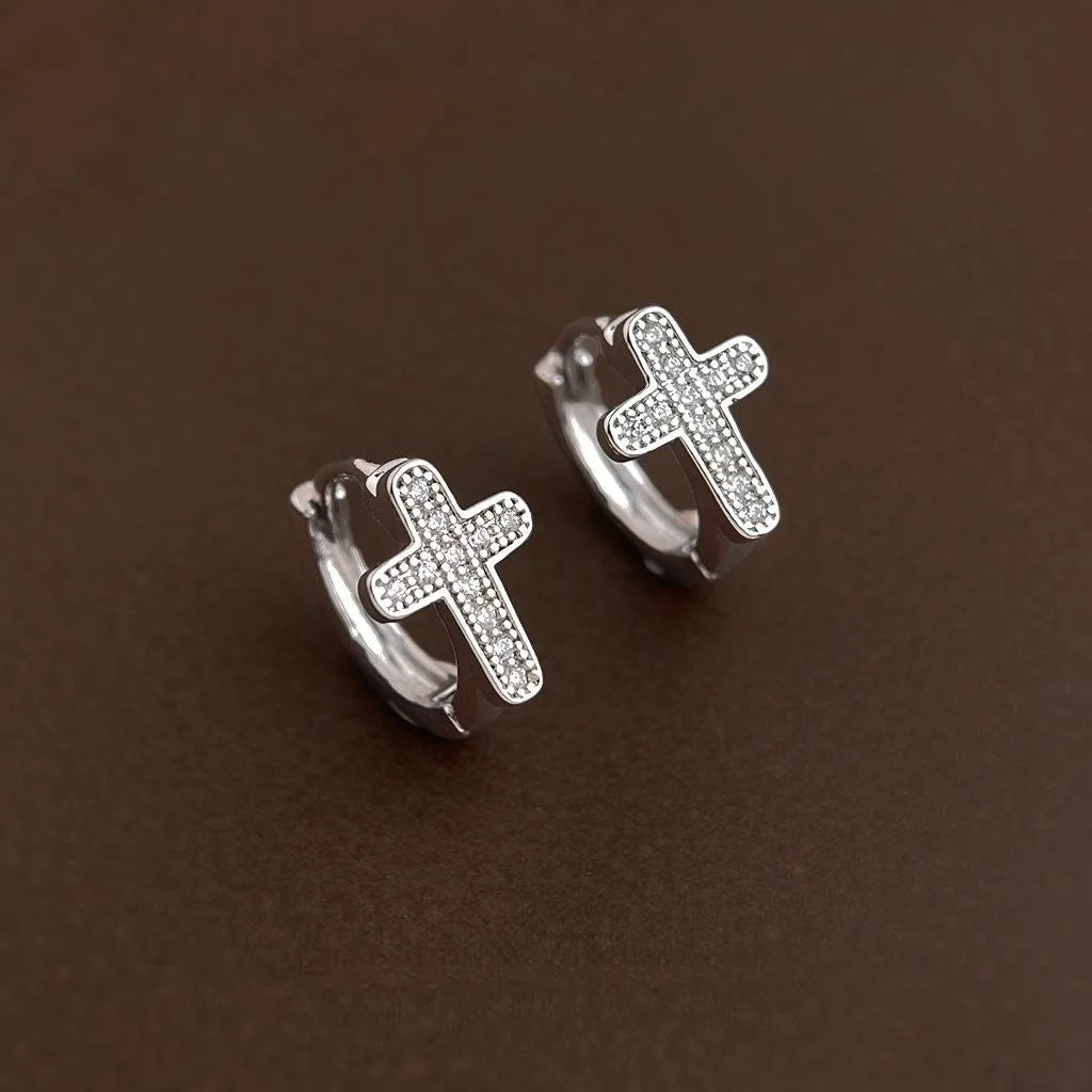 Unisex Geometric Cross Micro Pave Zircon Copper Drop Earrings Minimalist Cool Style