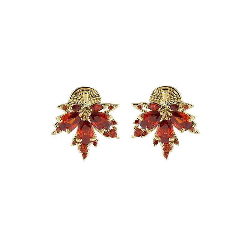 Luxury Vintage Red Zircon Maple Leaf Alloy Stud & Clip On No Piercing Elegant Statement Earrings
