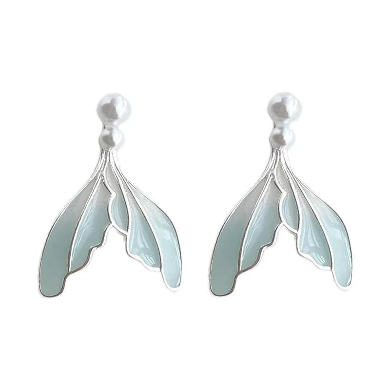 Sweet Mint Green Gradient Fishtail Copper Pearl Stud Earrings Handmade Enamel Jewelry