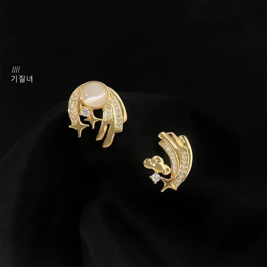 Light Luxury 14K Plated Copper Glass Cat Eye Cloud Star Zircon Stud Earrings