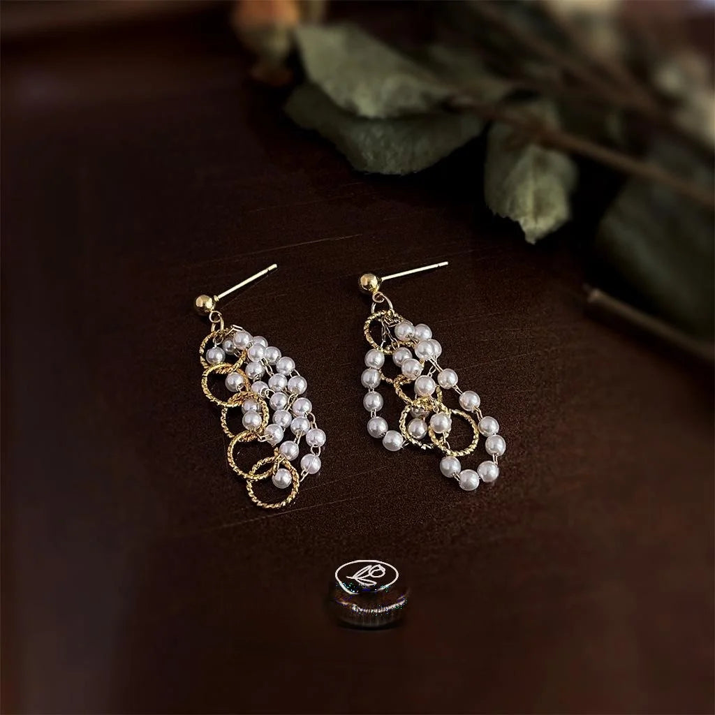 French Vintage Handmade Beaded Tassel Chain Drop Earrings With Copper