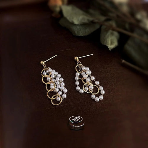 French Vintage Handmade Beaded Tassel Chain Drop Earrings With Copper