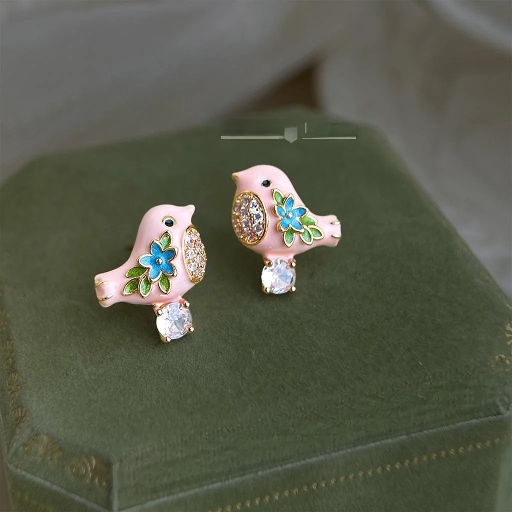 Sweet Cute Enamel Painted Bird Stud Earrings, Copper Micro Pave Zircon