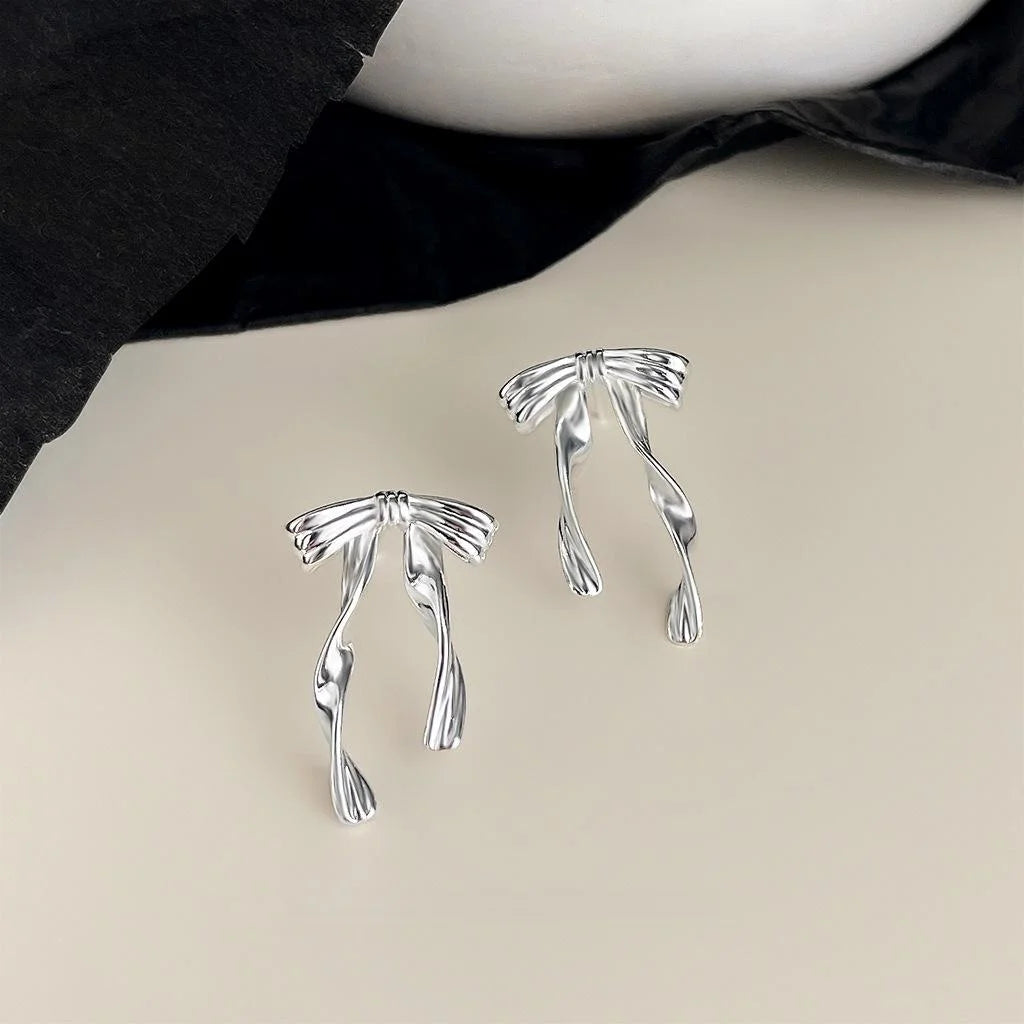 Minimalist Copper Ribbon Bow Drop Earrings, Sweet Ballet Style Jewelry