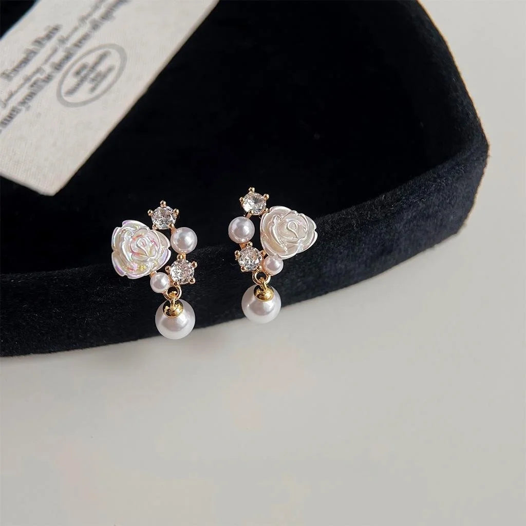 Elegant 14K Plated Micro Pave Zircon Flower Resin Glossy Pearl Drop Earrings