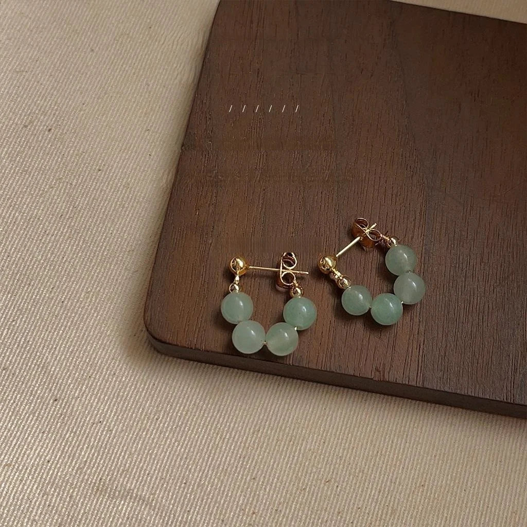 Fresh Forest Green Aventurine Round Geometric Copper Stud Earrings For Women