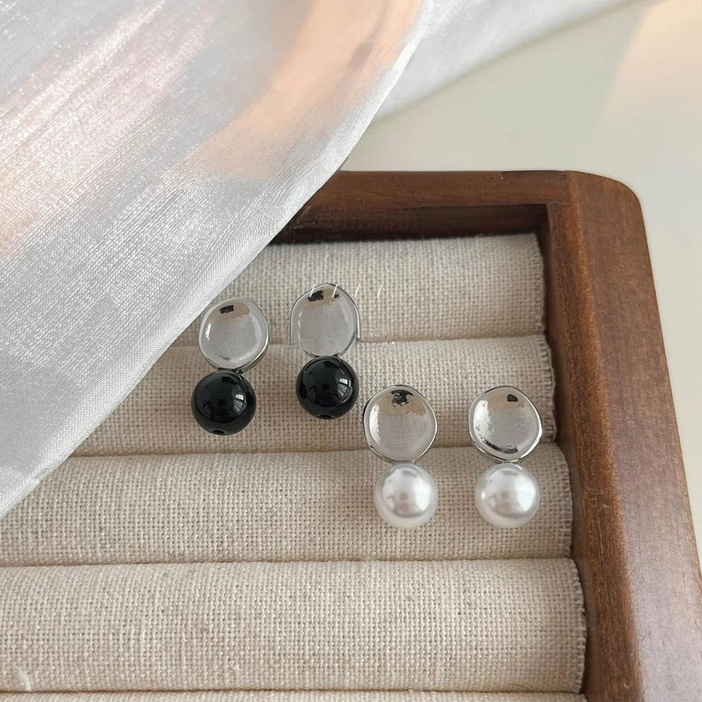 Minimalist Cool Style Round Pearl Stud Earrings Copper Silver Plated Pin Jewelry