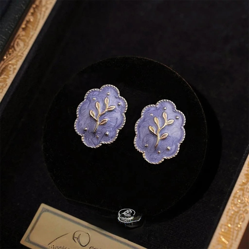 French Vintage 14K Gold Plated Alloy Purple Enamel Wheat Leaf Drop Earrings