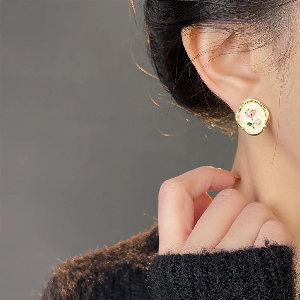 Sweet 14K Gold Plated Pearl Enamel Tulip Flower Stud Earrings