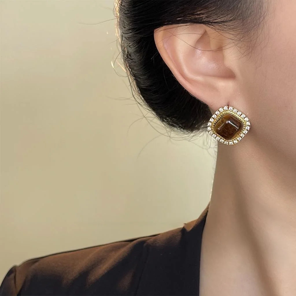 Vintage Maillard Tiger Eye Stone Micro Pave Zircon Geometric Square Stud Earrings
