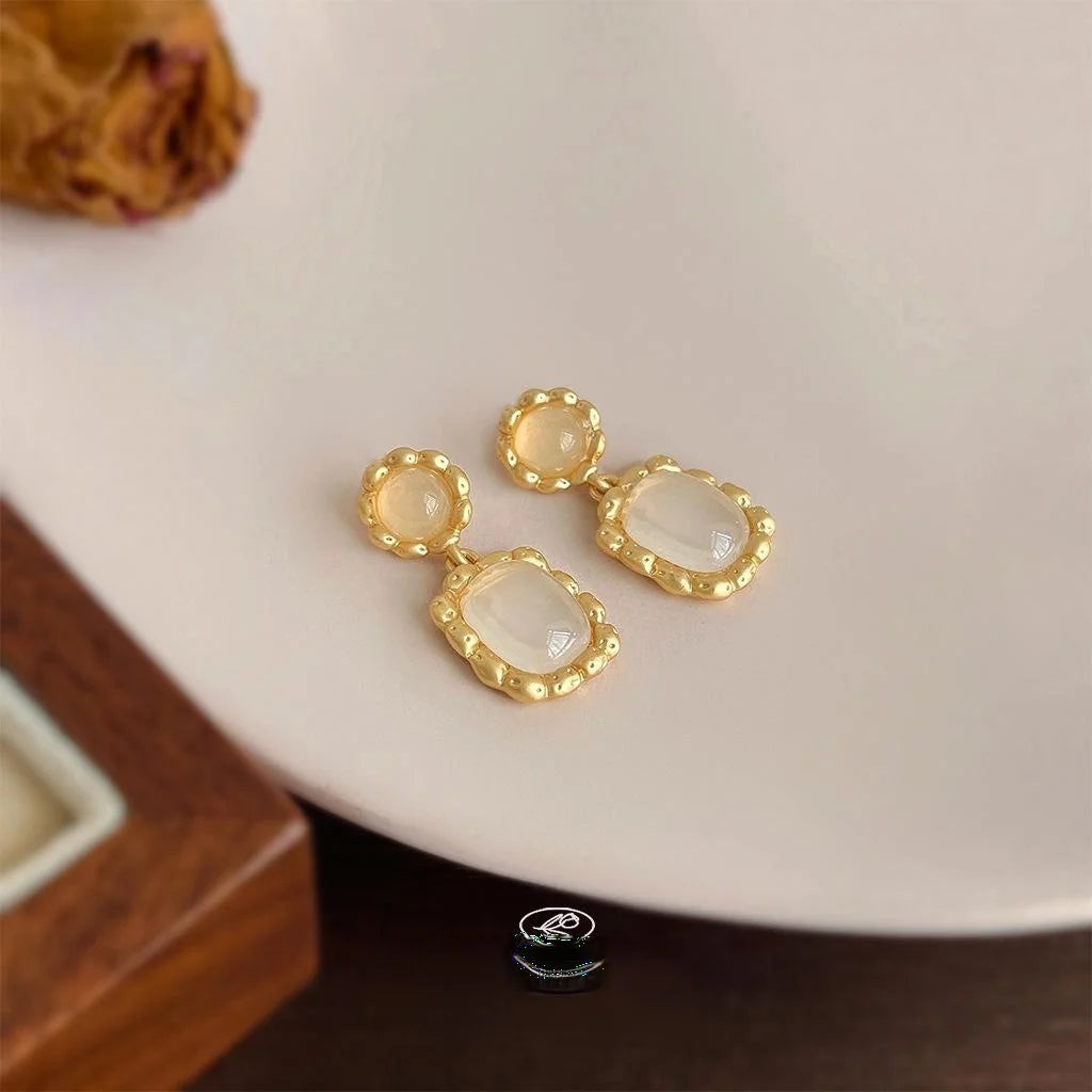 French Vintage Copper Geometric Wavy Lace Square Drop Earrings For Elegant Commuter Style