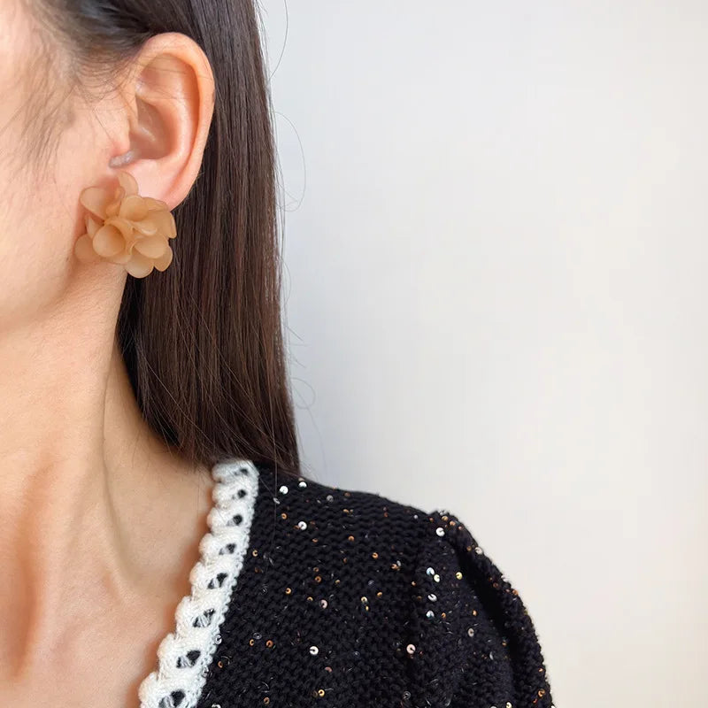 Elegant Light Coffee Acrylic Flower Stud & Clip On No Piercing French Handmade Floral Earrings