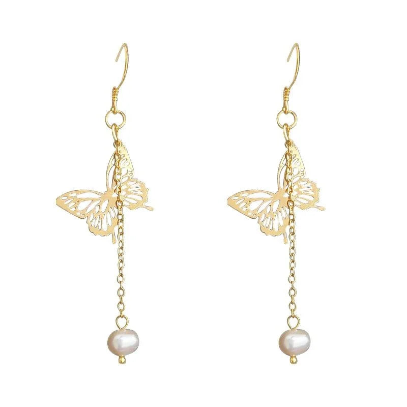 14K Gold Plated Handmade Natural Freshwater Pearl Butterfly Stud Earrings Original Minimalist Design
