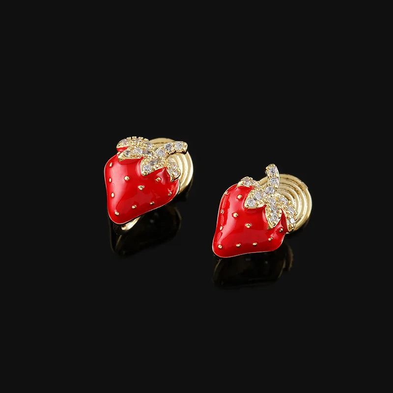 Cute Red Strawberry Gold Tone Enamel Rhinestone Luxury Fruit Stud & Clip On No Piercing Earrings