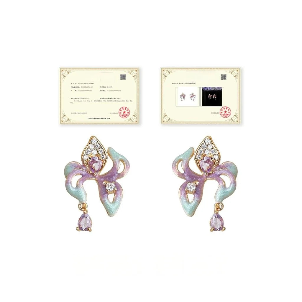 14K Plated Copper Zircon Enamel Iris Flower Drop Earrings Elegant Floral Petal Jewelry