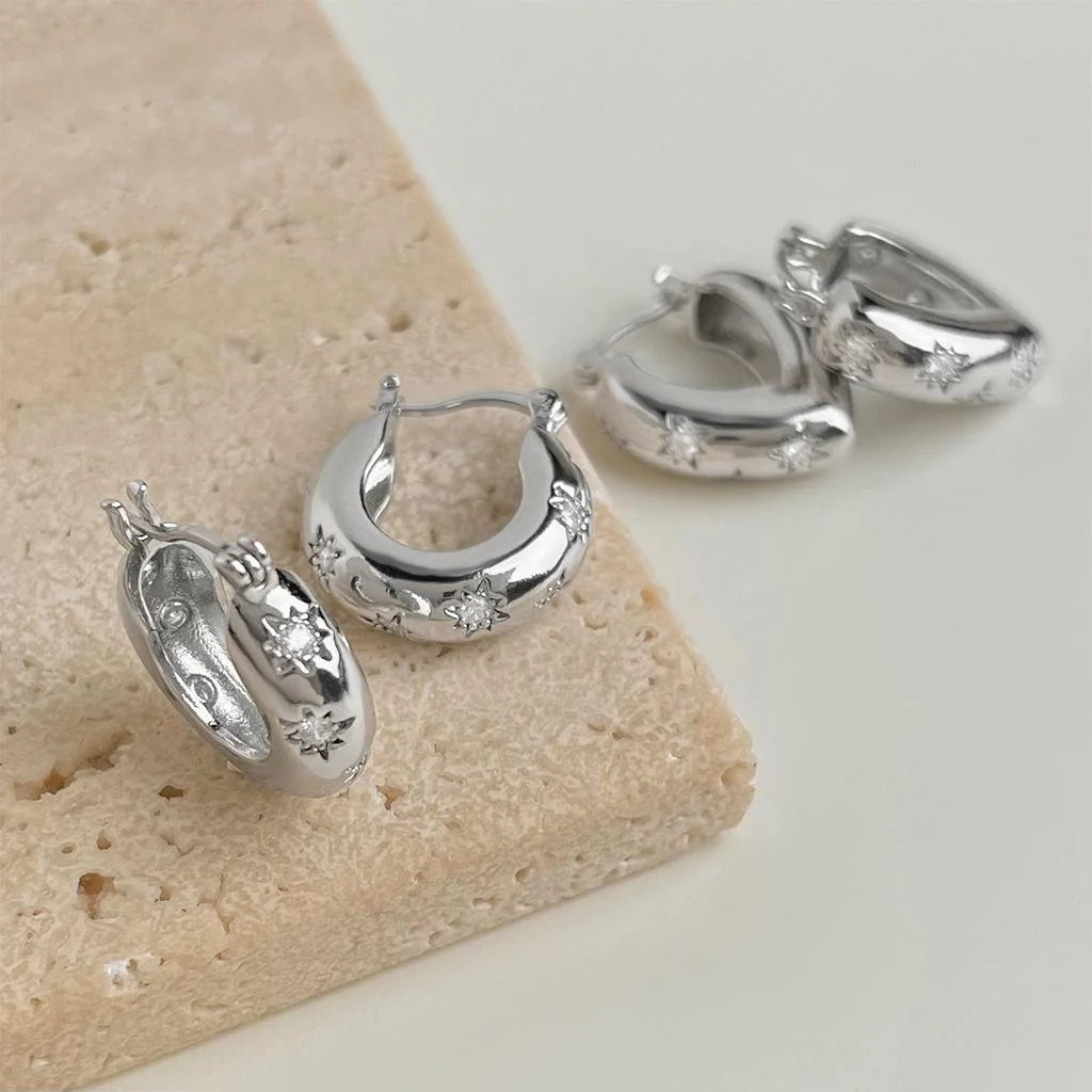 Copper Micro Pave Zircon Star Hoop Drop Earrings Minimalist Cool Geometric Jewelry For Women