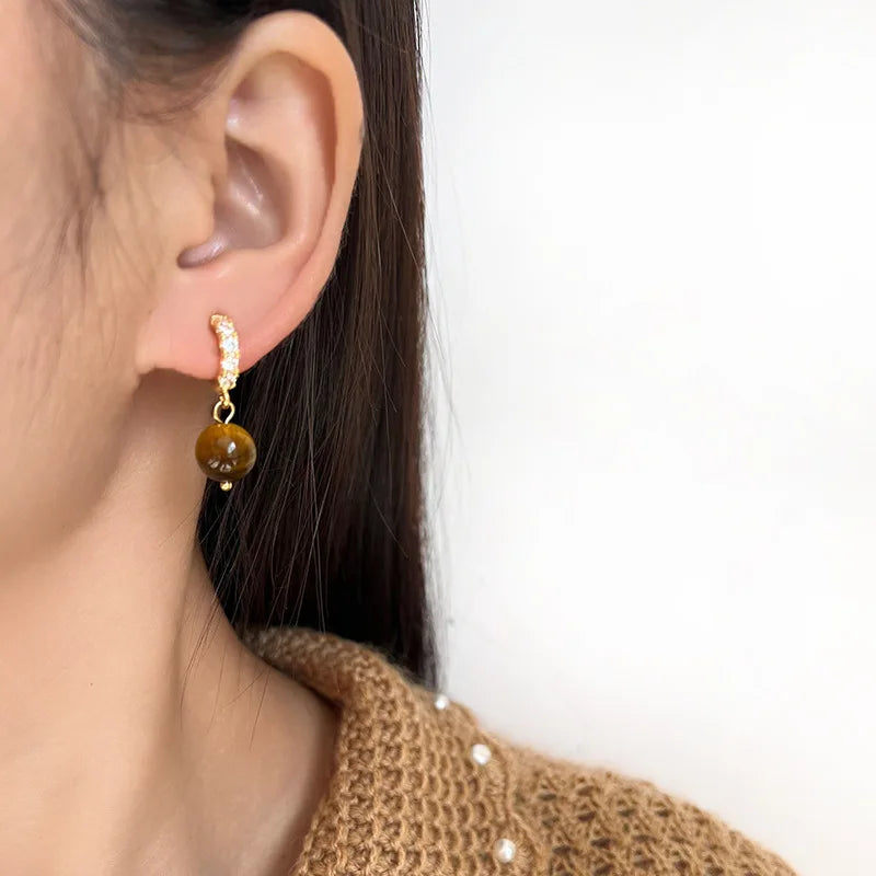 Vintage Tiger Eye Stone Bead Dangle Stud & Clip On No Piercing Zircon Spiral Disc Luxury Earrings