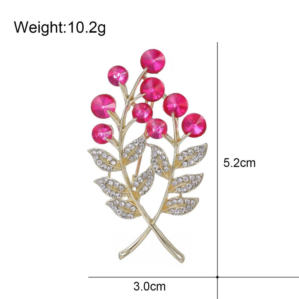 Luxury Money Tree Plant Brooch With Pink Rhinestone Berries, Gold Alloy Leaf Lapel Pin Corsage Gift