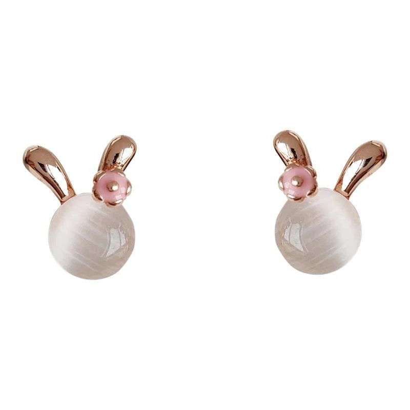 Sweet Rose Gold Copper Rabbit Stud Earrings With Glass Cat Eye Stone And Enamel Animal Design
