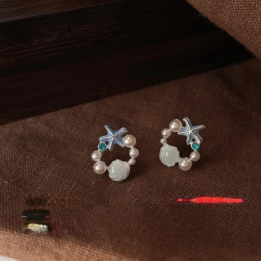 Copper Starfish Shell Enamel Stud Earrings With Pearl Ocean Wave Sweet Elegant Style