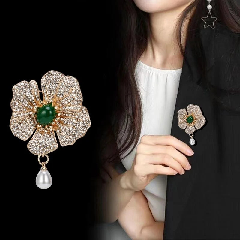 Luxury Rhinestone Camellia Flower Brooch With Green Stone And Pearl Drop, Elegant Lapel Pin Suit Accessory