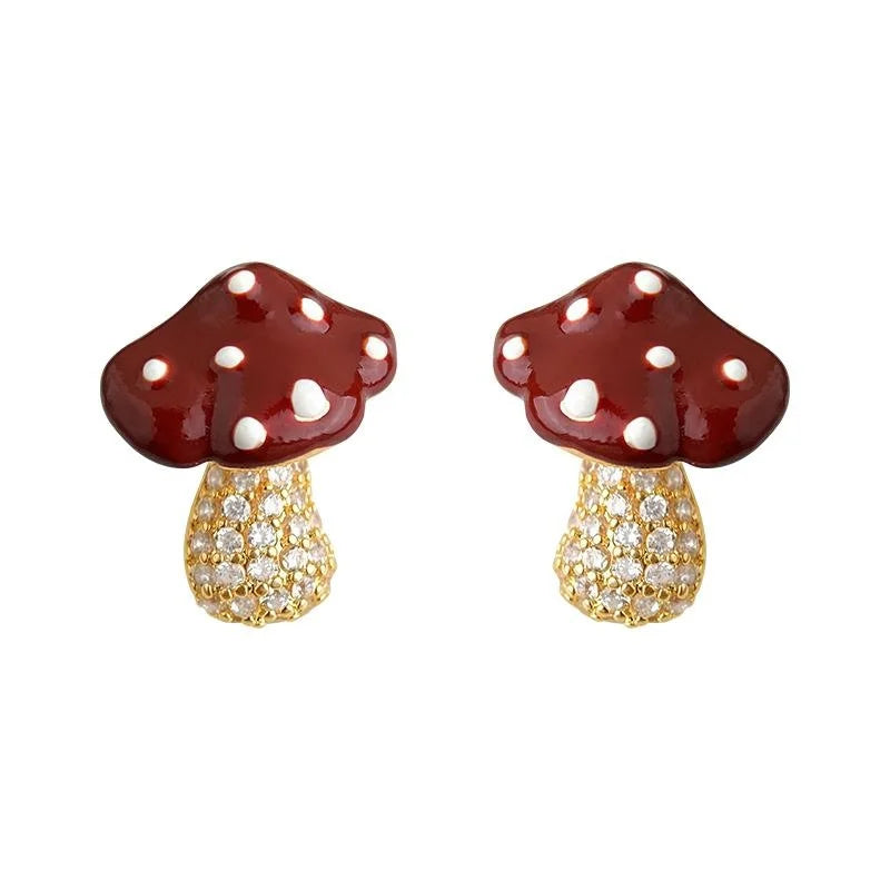 Cute Mushroom Stud Earrings Copper Zircon Micro Pave Childlike Style Gift Jewelry