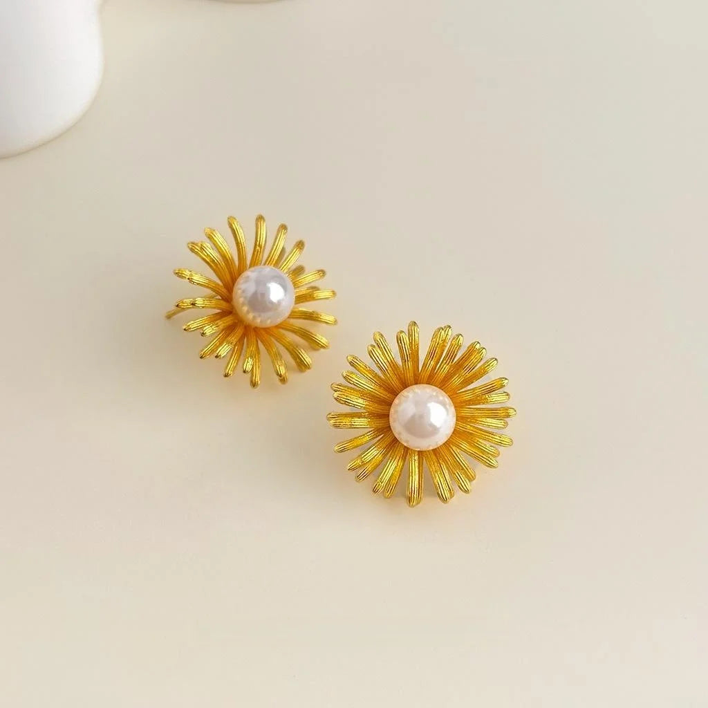 French Vintage 14K Plated Copper Sunflower Glass Pearl Drop Earrings For Women
