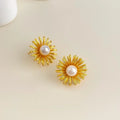 French Vintage 14K Plated Copper Sunflower Glass Pearl Drop Earrings For Women