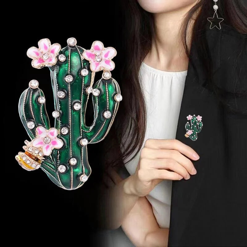 Elegant Enamel Cactus Alloy Rhinestone Brooch With Pink Flowers, Women's Lapel Pin Sweater Suit Gift