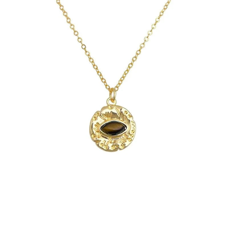 18K Gold Plated Tiger Eye Stone Geometric Eye Pendant Collarbone Necklace