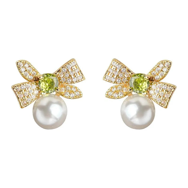 14K Plated Copper Bow Pearl Stud Earrings With Micro Pave Zircon, Sweet Fashion Jewelry