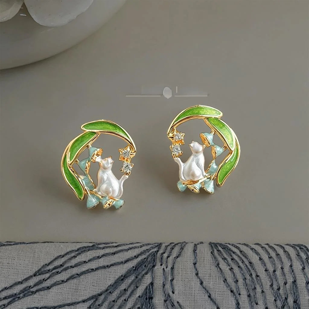 Cute Cat And Orchid Painted Micro Pave Zircon Copper Stud Earrings With Silver Plated Pins
